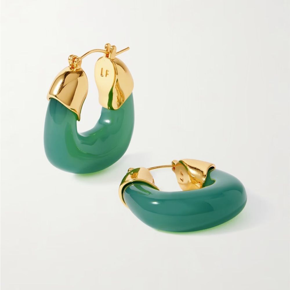 Anthropologie Emerald Green Resin Hoops with Gold-Tone Caps
